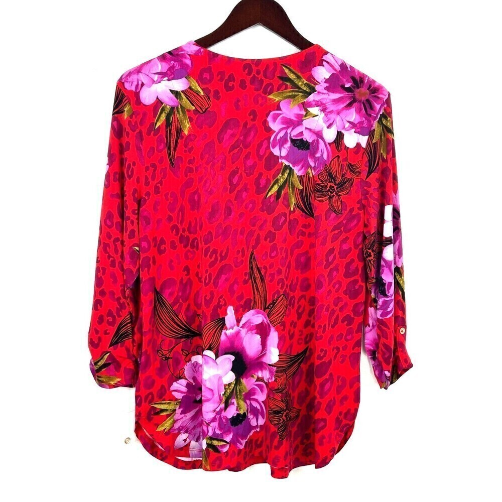 New JM Collection Women Sz PXL Red Pink Zip Neck Blouse Roll Tab Sleeve Tunic U4 - Picture 5 of 11